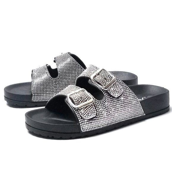 Shoes - New Black Blingy Rhinestone Slip On Slides Sandals